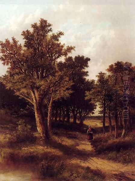 A Wooded Landscape With A Faggot Gatherer On A Sandy Track Oil Painting by Abraham Hulk Jun.