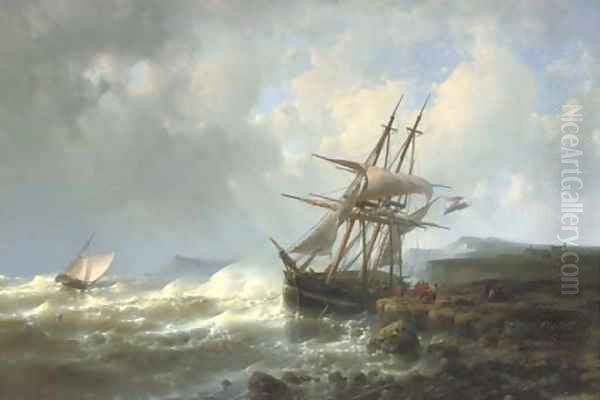 Mooring the three-master in a stiff breeze Oil Painting by Abraham Hulk Jun.