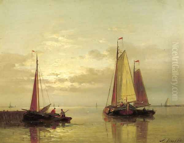 Sailing vessels near a jetty at dusk Oil Painting by Abraham Hulk Jun.