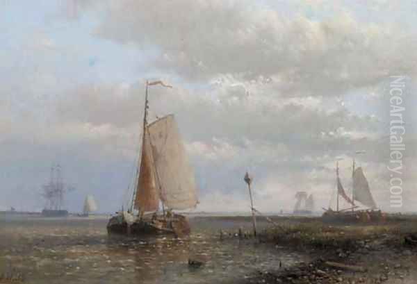 Sailingbarges in an estuary Oil Painting by Abraham Hulk Jun.