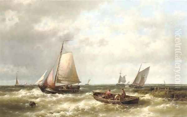 Ships on a choppy sea by an estuary Oil Painting by Abraham Hulk Jun.