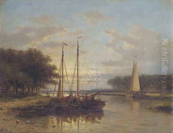 Sailing vessels on a calm river at dusk Oil Painting by Abraham Hulk Jun.