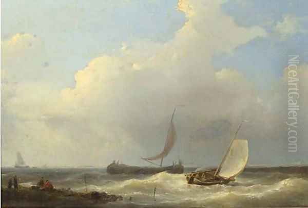 Sailingvessels in a stiff breeze of the coast Oil Painting by Abraham Hulk Jun.