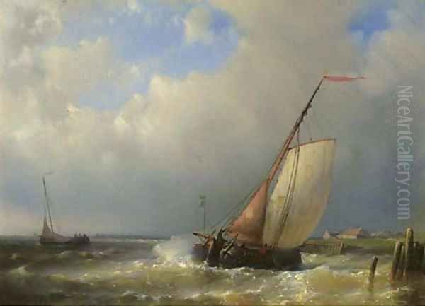 A barge in a stiff breeze Oil Painting by Abraham Hulk Jun.