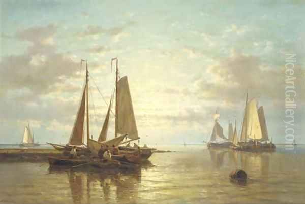 A calm sailing vessels in an estuary at dusk Oil Painting by Abraham Hulk Jun.