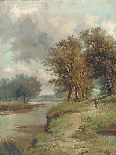 A country walk along a river bank Oil Painting by Abraham Hulk Jun.