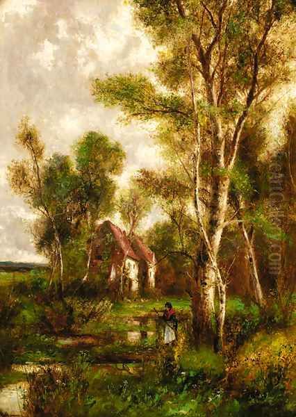 A wooded landscape with a peasant before a cottage Oil Painting by Abraham Hulk Jun.