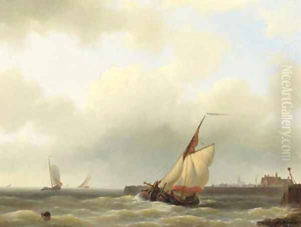 A Zwartewaalse Gaffelaar leaving port Oil Painting by Abraham Hulk Jun.