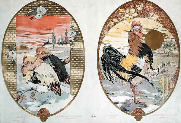 Cock and chickens design for a screen Oil Painting by Jules Auguste Habert-Dys