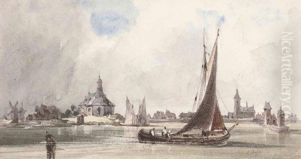 A Fishing Vessel Heading Out To Sea, A Church Beyond Oil Painting by Thomas Shotter Boys