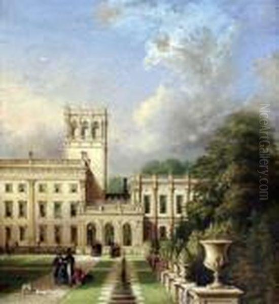 View Of Trentham Hall - Figures Walking In The Gardens Oil Painting by Thomas Shotter Boys