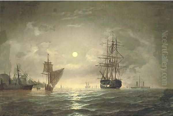 An armed merchantman and other shipping in the Bosphorous off Constantinople, by moonlight Oil Painting by Edward Hoyer