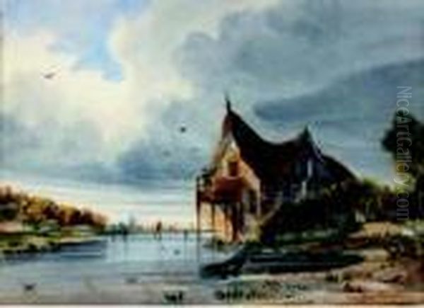 Vue Animee D'une Maison Au Bord De L'eau Oil Painting by Thomas Shotter Boys