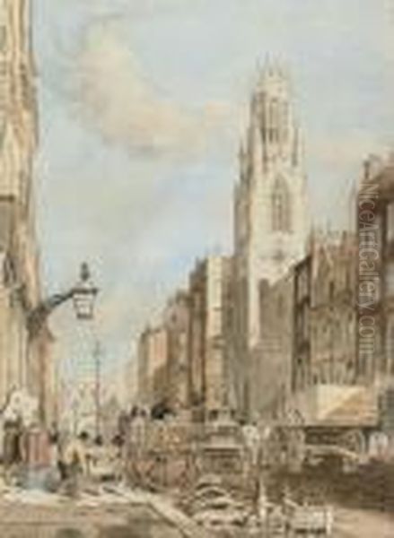 St Dunstan-in-the-west, Fleet Street; And Temple Bar From The Strand Oil Painting by Thomas Shotter Boys