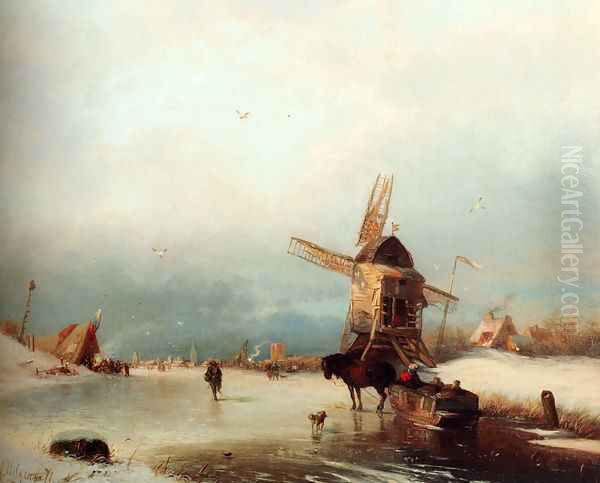 A Winter Landscape With A Horse-drawn Sledge On A Frozen River By A Windmill Oil Painting by Carl Hilgers