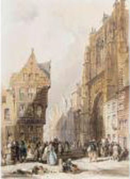 Figures On A Street In A Market Town, Belgium Oil Painting by Thomas Shotter Boys