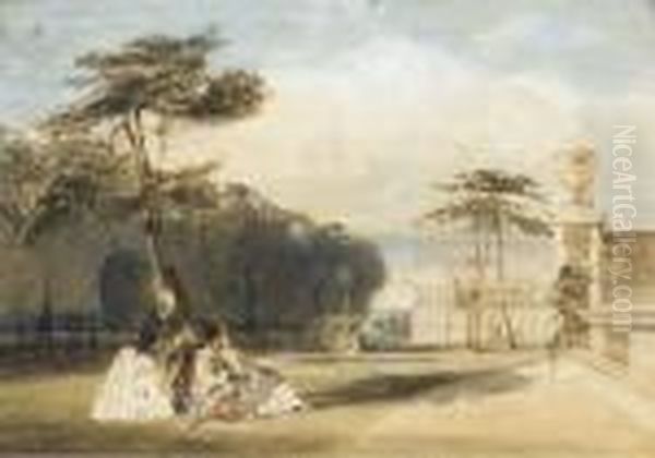 Figures In Van Dyke Costume In The Grounds Of A Chateau Oil Painting by Thomas Shotter Boys