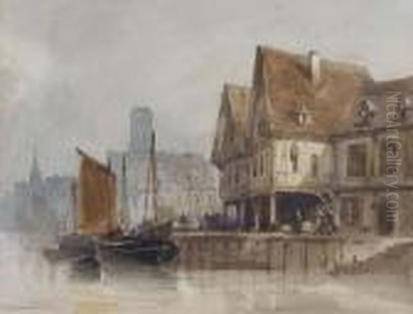 Fishing Boats At A Continental Quayside Oil Painting by Thomas Shotter Boys