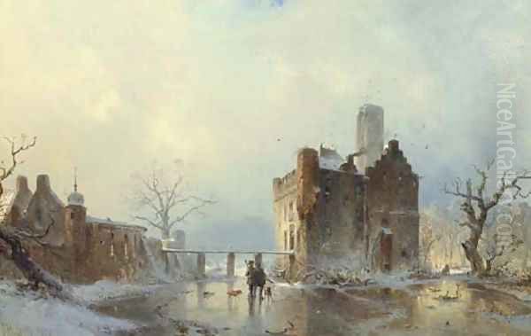 Hunters with their Dogs on a Frozen Stream by a Castle Oil Painting by Carl Hilgers