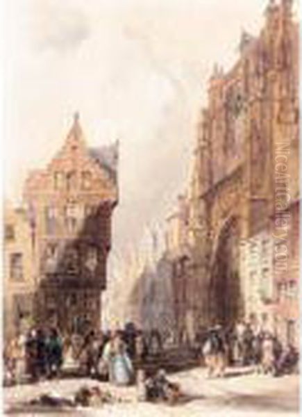 Figures On A Street In A Market Town , Belgium Oil Painting by Thomas Shotter Boys