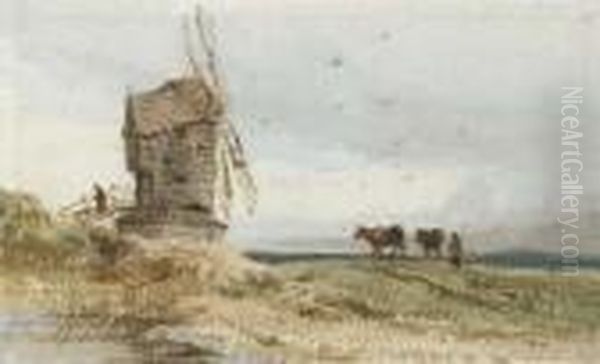 A Windmill With Cattle And A Drover Beneath Oil Painting by Thomas Shotter Boys