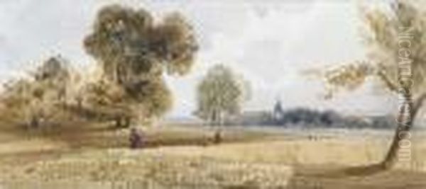 Figures Walking On A Path Through A Cornfield, A Church Beyond Oil Painting by Thomas Shotter Boys