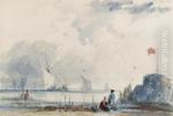 Shipping Off The Normandy Coast, With Figures On The Shore Oil Painting by Thomas Shotter Boys