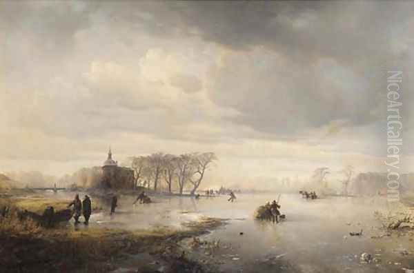 Skaters on a frozen lake, with a manor beyond Oil Painting by Carl Hilgers