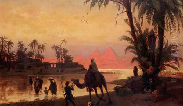 The River Nile With The Gizeh Pyramids Oil Painting by Otto Johann Heinrich Heyden