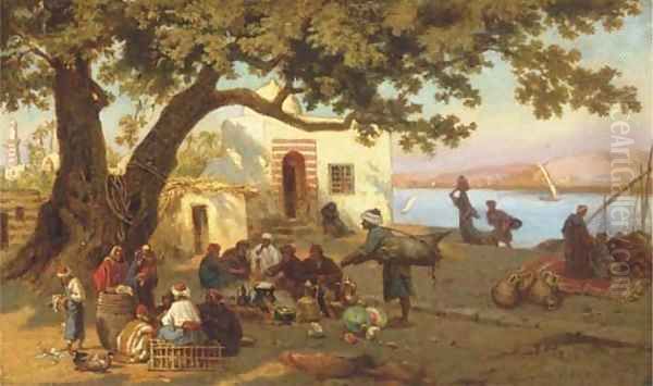 In the shade on the banks of the river Nile Oil Painting by Otto Johann Heinrich Heyden