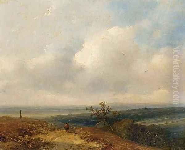 Shepherd in an Extensive Landscape Oil Painting by Johannes Franciscus Hoppenbrouwers