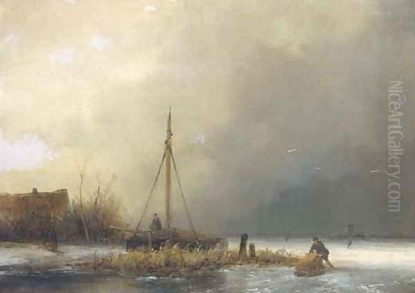 A frozen river landscape Oil Painting by Johannes Franciscus Hoppenbrouwers