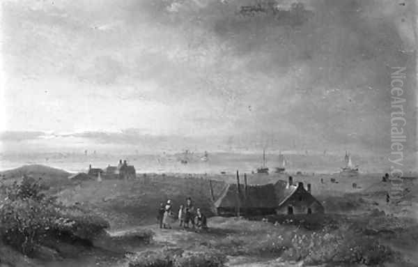 A coastal view of Scheveningen, with figures conversing on a dune top Oil Painting by Johannes Franciscus Hoppenbrouwers