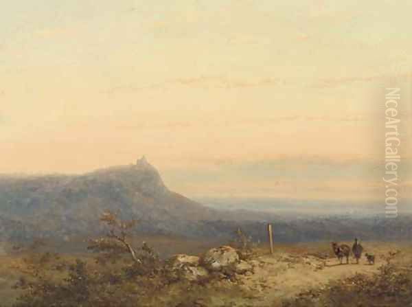 A traveller in an extensive landscape at dusk Oil Painting by Johannes Franciscus Hoppenbrouwers