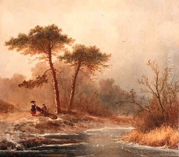 A winter landscape with woodgatherer and a sportsman Oil Painting by Johannes Franciscus Hoppenbrouwers