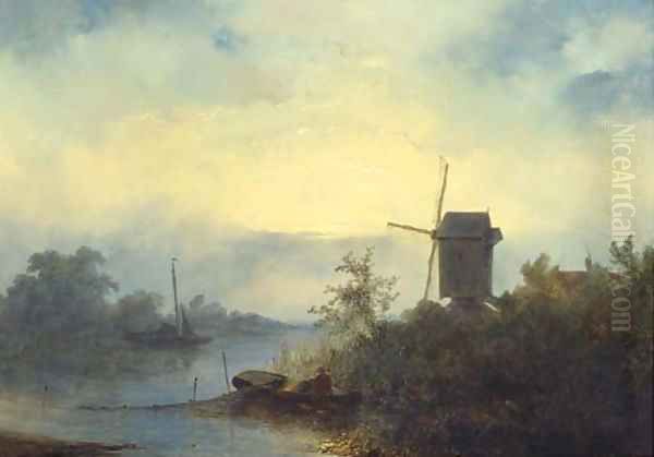 Smoking eels on a river in moonlight Oil Painting by Johannes Franciscus Hoppenbrouwers