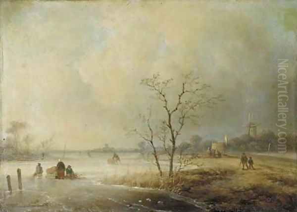 Winter activities on the ice Oil Painting by Johannes Franciscus Hoppenbrouwers