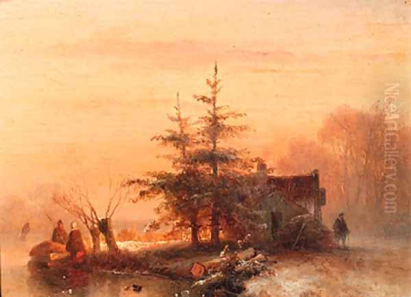 Winter sunset Oil Painting by Johannes Franciscus Hoppenbrouwers