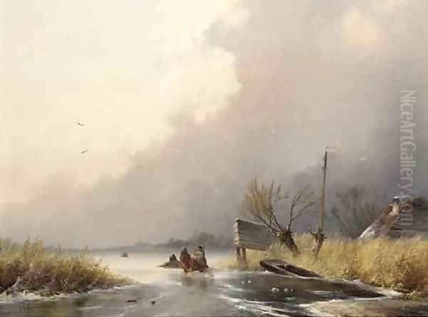 Woodgatherers on the ice on a windy day Oil Painting by Johannes Franciscus Hoppenbrouwers