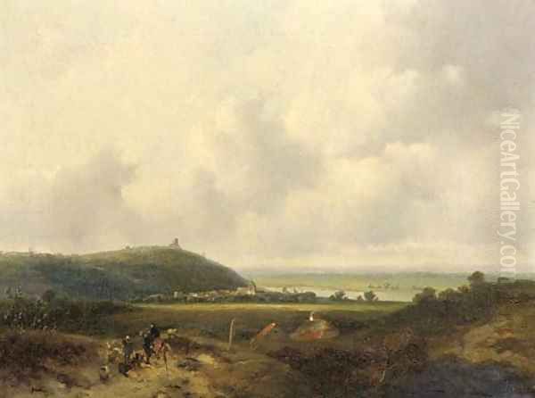 A panoramic landscape with figures conversing in the foreground Oil Painting by Johannes Franciscus Hoppenbrouwers