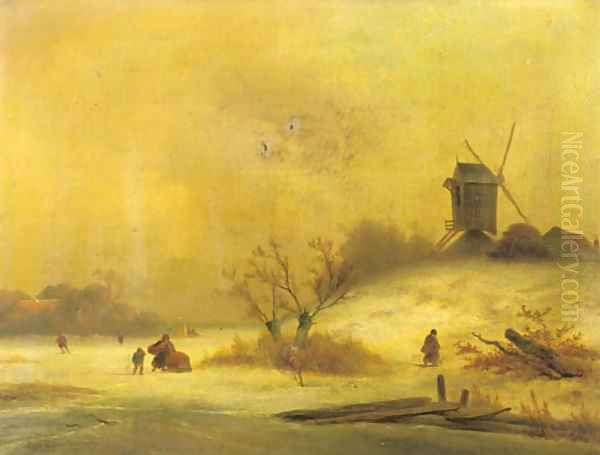 A winterlandscape with peasants near a windmill Oil Painting by Johannes Franciscus Hoppenbrouwers