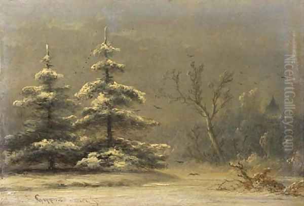 Snowcovered pine-trees in a winter landscape Oil Painting by Johannes Franciscus Hoppenbrouwers