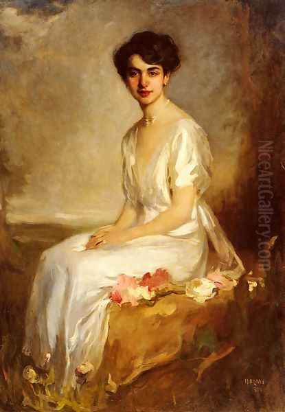 Portrait of an Elegant Young Woman in a White Dress Oil Painting by Artur Lajos Halmi