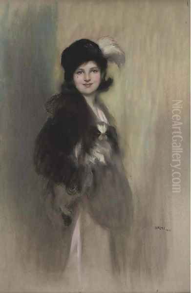 Portrait of Lady Dorothy Duveen, as a young girl, three-quarter-length, in a feathered hat Oil Painting by Artur Lajos Halmi