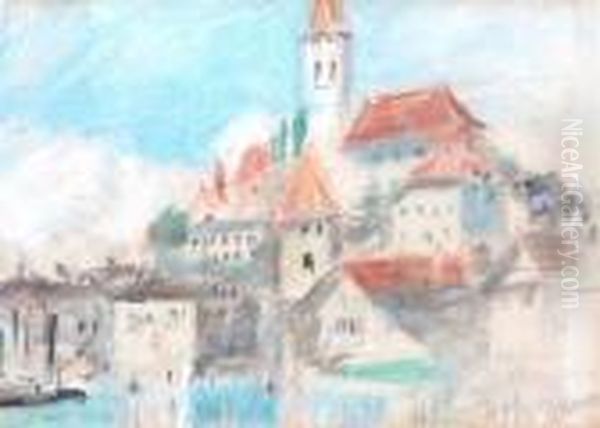 Swiss Town Scene Oil Painting by Hercules Brabazon Brabazon