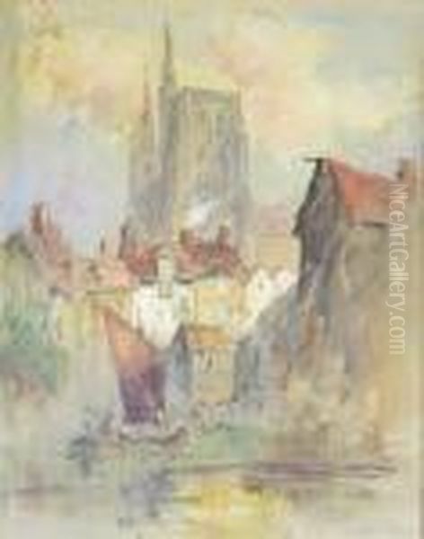 Continental Townscape With Cathedral And River Oil Painting by Hercules Brabazon Brabazon