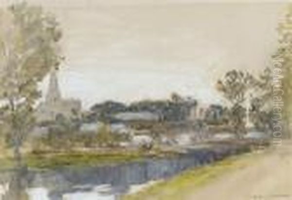 A Riverside Village Oil Painting by Hercules Brabazon Brabazon