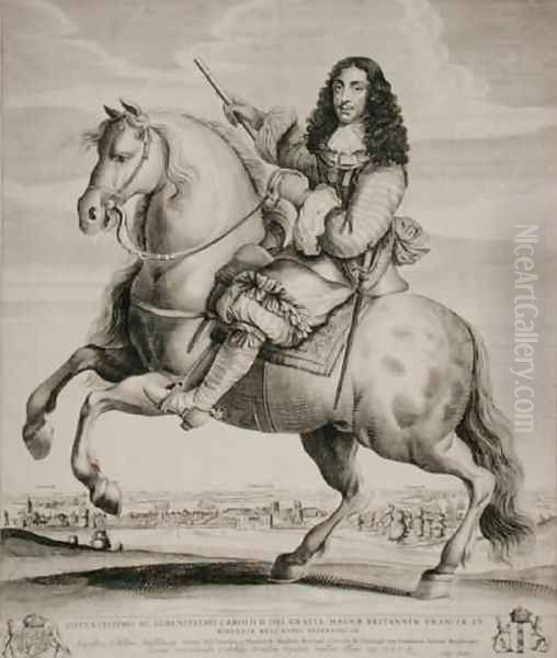 Equestrian Portrait of Charles II 1630-85 with a Landscape Oil Painting by Wenceslaus Hollar