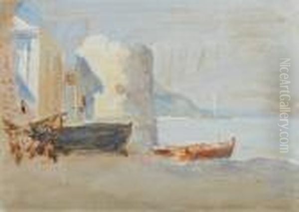 Beached Boats By The Mediterranean Oil Painting by Hercules Brabazon Brabazon