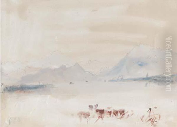 A Swiss Lake With Cattle Oil Painting by Hercules Brabazon Brabazon